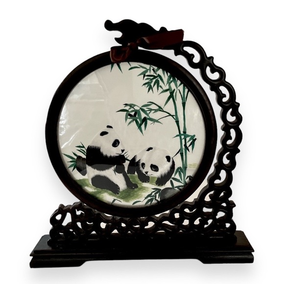 Chinese Panda Suzhou Table Silk Embroidery Double Sided‎ Wooden Screen - Picture 4 of 12